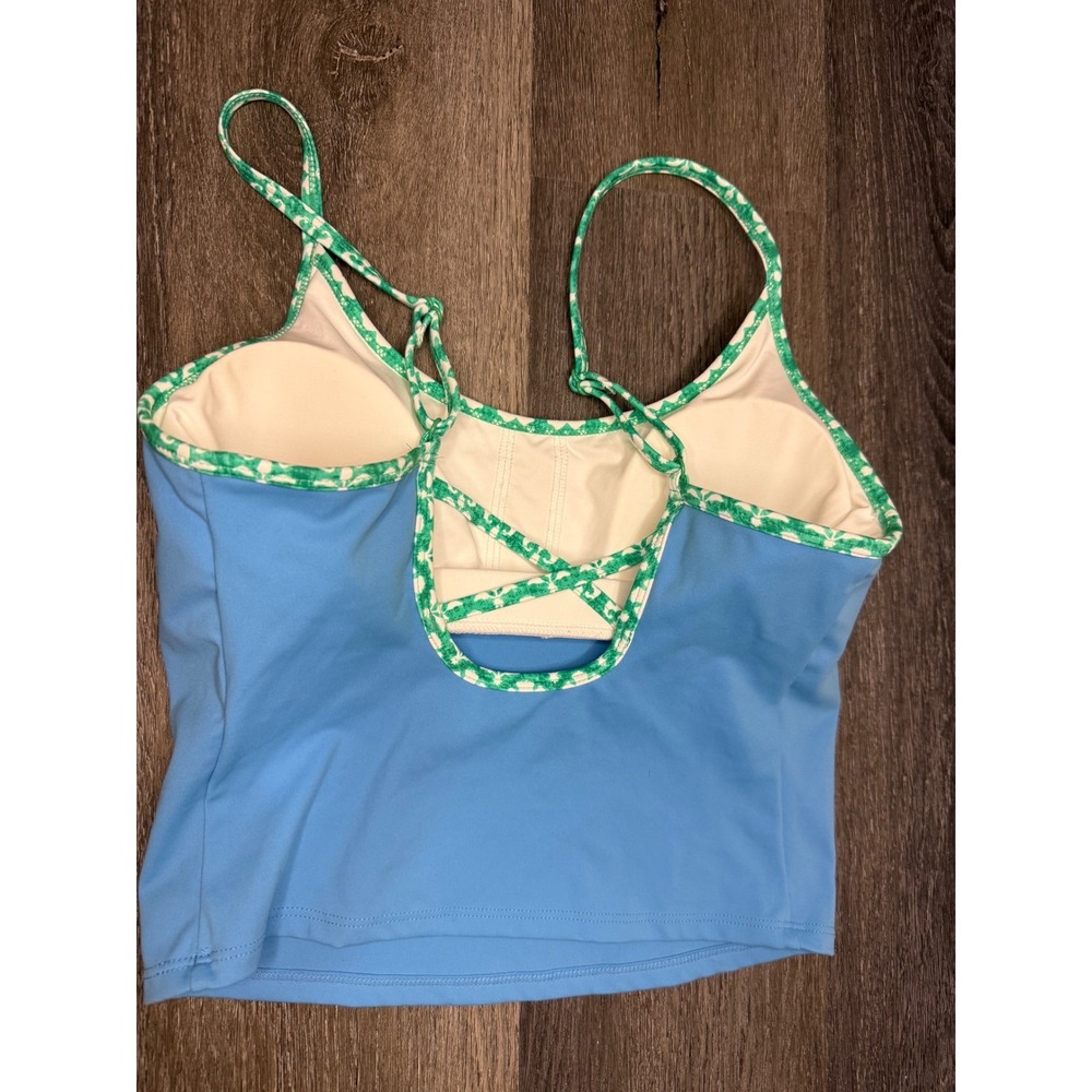 Roller Rabbit Blue Tankini Swimsuit Top XS Green Trim Lace Up Back bathing suit - Picture 7 of 10